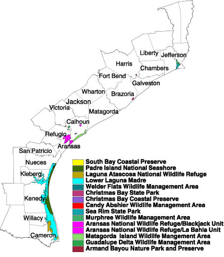 Map of Texas coastal region showing Guld Of Mexico Ecological Management sites