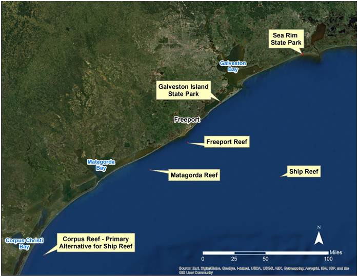 View of Texas coast showing locations of planned restoration projects