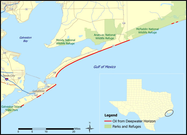 Map of Texas coast showing oiled areas