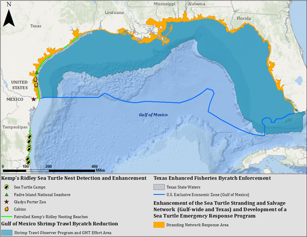map showing sea turtle observation zone and nesting sites in northern Mexico
