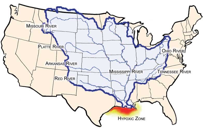 Mississippi Watershed and hypoxic zone in Gulf of Mexico, an image in Texas Aquatic Science by author Rudolph Rosen