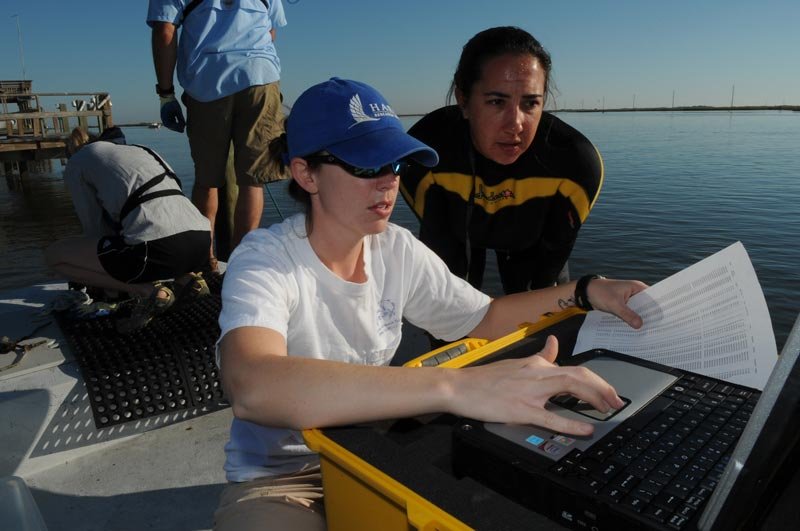 Two hydrologists in a boat looking at a computer and data, an image of Working and Careers in Water and Aquatic Science from the book Texas Aquatic Science by author Rudolph Rosen.