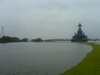 Battleship Texas Amid Floodwater
