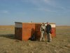 Jeff Mundy of Travis Audubon and Alan Martin of England Outside Prairie Chicken Viewing Blind on Anderson Ranch