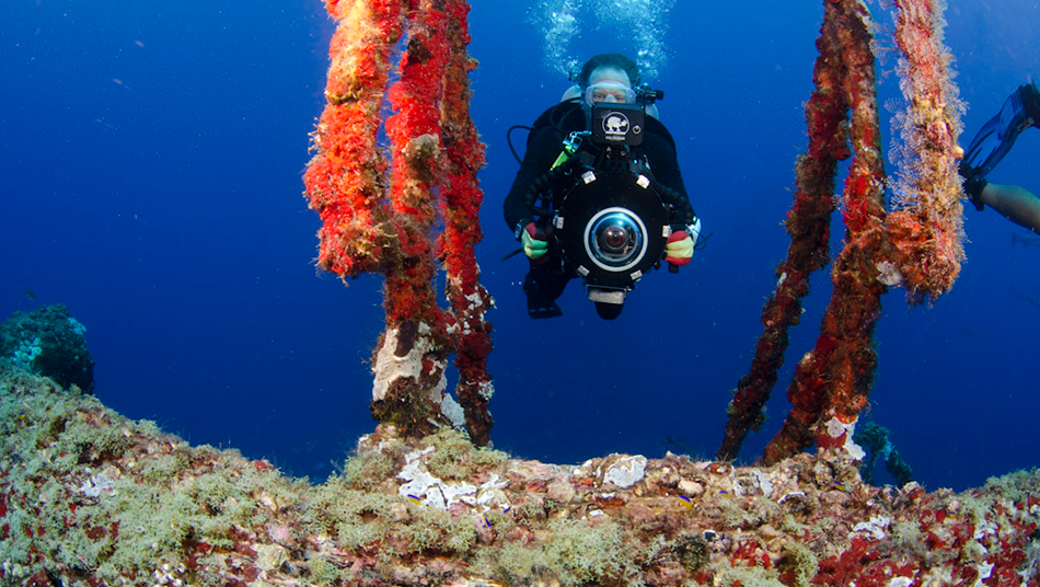 Producer Bruce Biermann shooting an artificial reef off the Texas coast.
