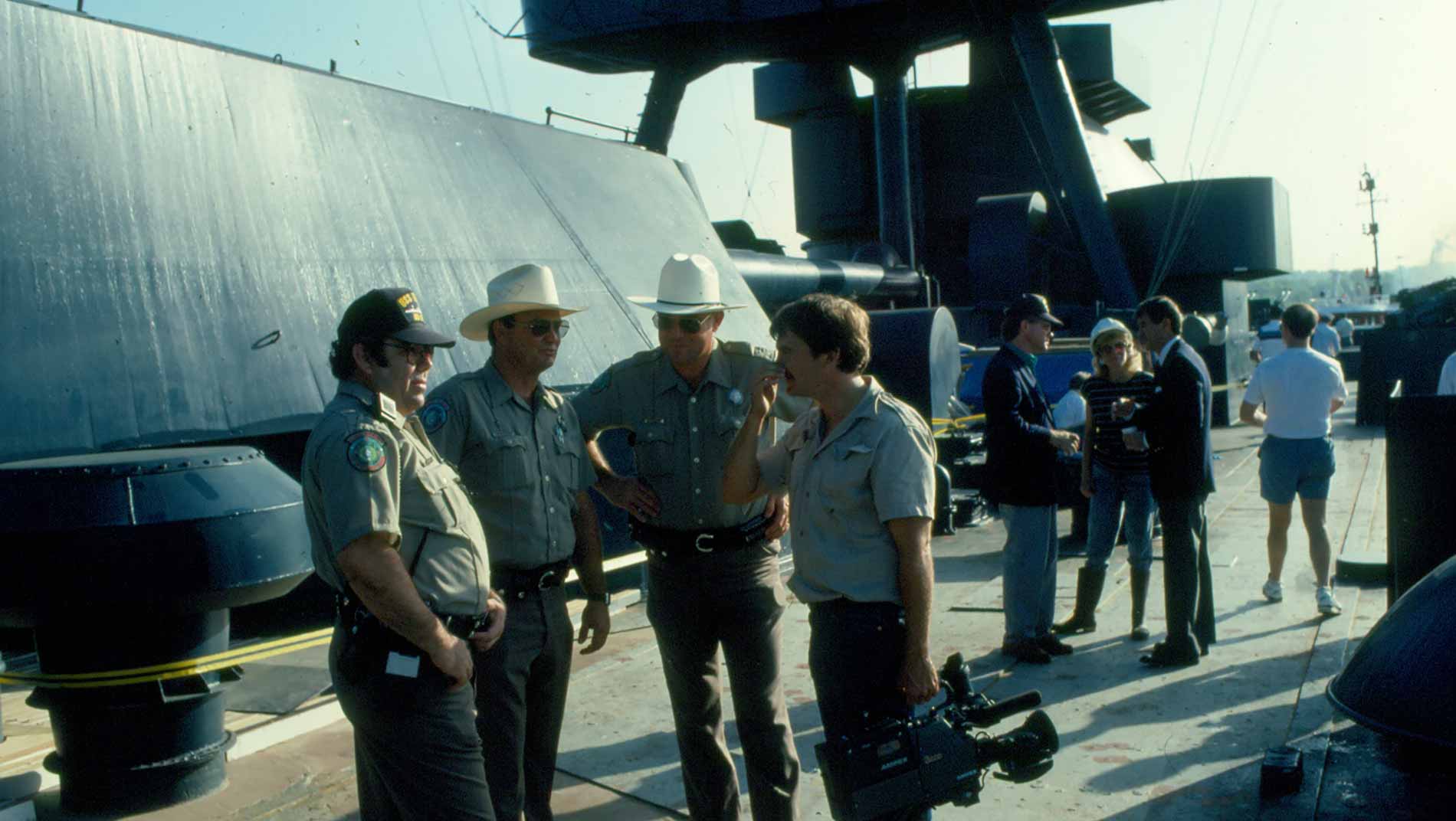 Producer Lee Smith aboard the Battleship TEXAS.