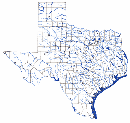 Map of Texas Showing Named Rivers by Number; Listing of Rivers by Number follows below the map.