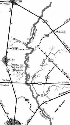 Map of Angelina River from State Highway 21 to US Highway 59.