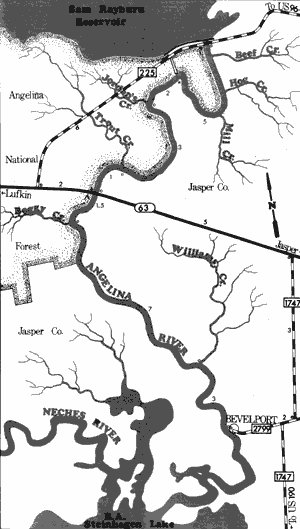 Map of Angelina River from Sam Rayburn Reservoir to Bevelport.