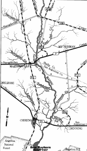 Map of Attoyac Bayou from Farm-to-Market 138 to State Highway 21.