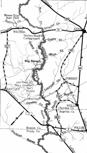 Map of Neches River from State Highway 21 to State Highway 7.