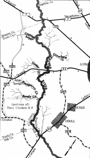 Map of Neches River from State Highway 7 to US Highway 59.