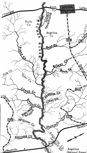 Map of Neches River from US Highway 59 to US Highway 69.