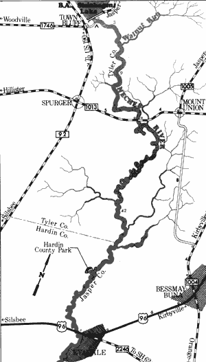Map of Neches River from B.A. Steinhagen Lake to US Highway 96.
