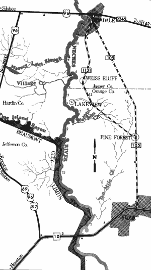 Map of Neches River from US Highway 96 to Interstate Highway 10.