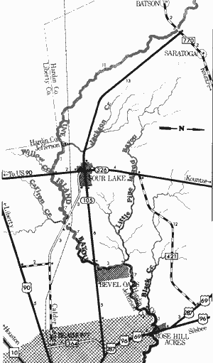 Map of Pine Island Bayou from Farm-to-Market 770 to US Highways 96, 287 and 69.
