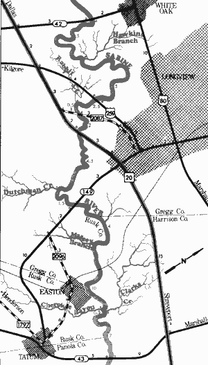 Map of Sabine River from State Highway 42 to State Highway 43.