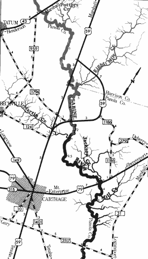 Map of Sabine River from State Highway 43 to Farm-to-Market 2517.