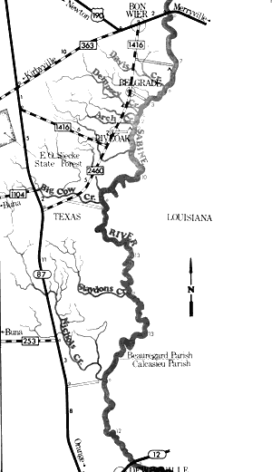 Map of Sabine River from US Highway 190 to State Highway 12.