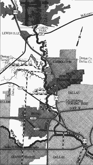 Map of Trinity River, Elm Fork Garza from Little Elm Reservoir to California Crossing Park.