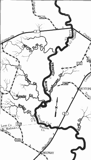 Map of Trinity River from State Highway 7 to State Highway 21.