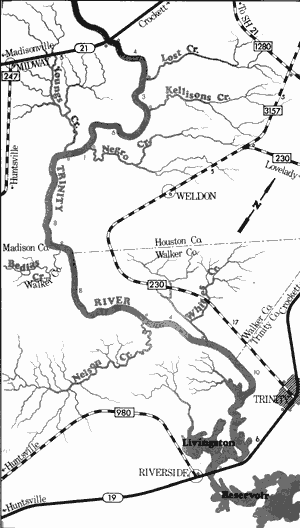 Map of Trinity River from State Highway 21 to State Highway 19.