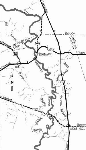 Map of Trinity River from State Highway 105 to Farm-to-Market 162.