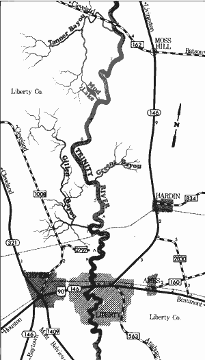 Map of Trinity River from Farm-to-Market 162 to Liberty.