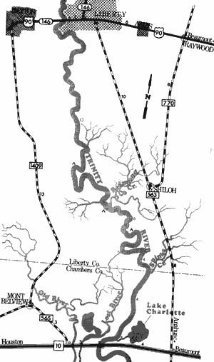 Map of Trinity River from Liberty to Interstate Highway 10.