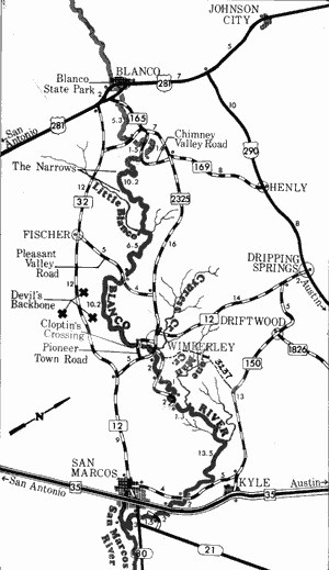 Map of Blanco River from Farm-to-Market 165 to the San Marcos River.