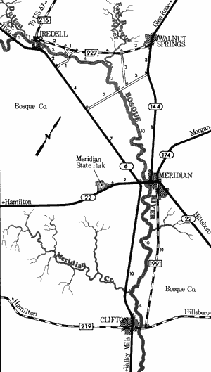 Map of Bosque River from Iredell to Clifton.