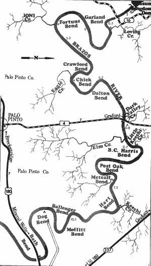 Map of Brazos River from Possum Kingdom Dam to US 180.