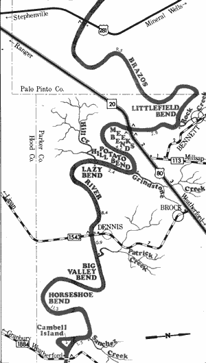 Map of Brazos River from US 281 to FM 1884.
