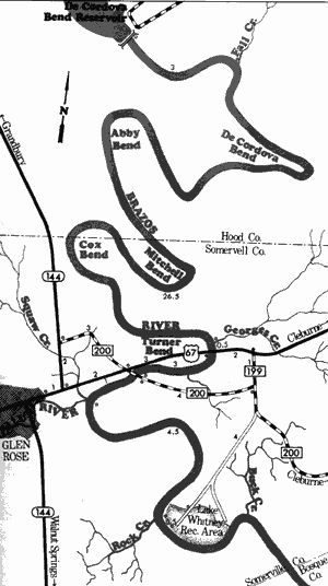 Map of Brazos River from De Cordova Bend Dam to Whitney Recreation Area.