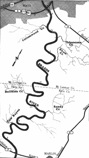 Map of Brazos River from Waco to State Highway 7.
