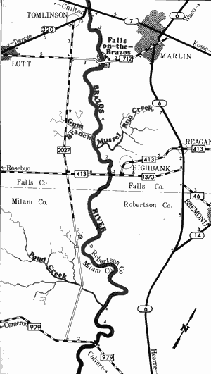Map of Brazos River from State Highway 7 to Farm-to-Market 979.