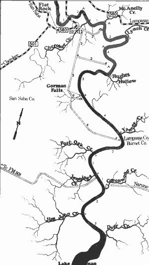 Map of Colorado River from Flat Rock to Lake Buchanan.