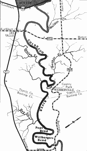 Map of Colorado River from US Highway 183 to Farm-to-Market 969.