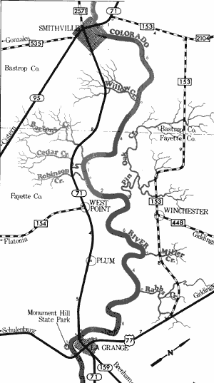 Map of Colorado River from State Highway 71 to US Highway 77.