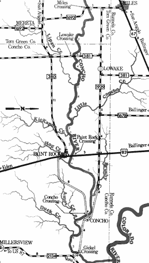 Map of Concho River from Farm-to-Market 1692 to Gickel Crossing.