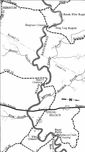 Map of Guadalupe River from Farm-to-Market 3160 to Rebecca Creek Crossing.