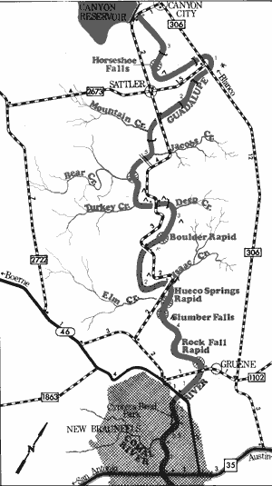 Map of Guadalupe River from Canyon Dam to New Braunfels.