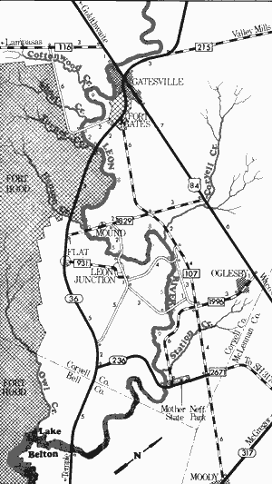 Map of Leon River from US Highway 84 to Mother Neff State Park.