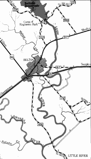 Map of Leon River from Belton Reservoir to Lampasas River.