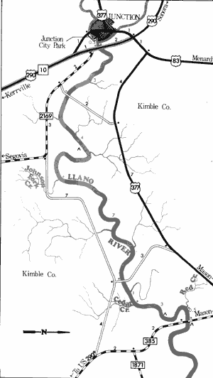 Map of Llano River from Junction to Farm-to-Market 385.