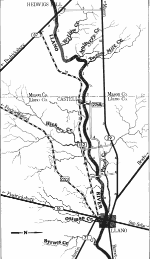 Map of Llano River from US Highway 87 to Llano.