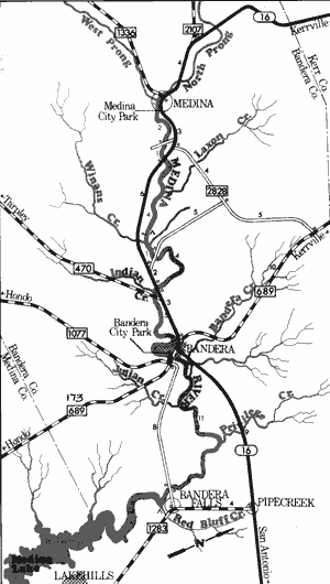 Map of Medina River from Medina City Park to Bandera Falls.