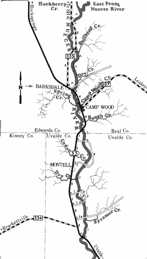 Map of Nueces River from Farm-to-Market 335 to State Highway 55.