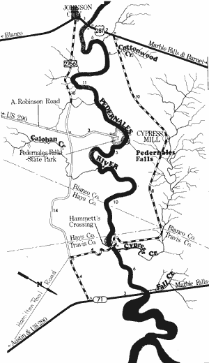Map of Pedernales River from US Highway 281 to State Highway 71.
