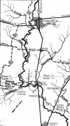 Map of San Antonio River from Floresville to Hobson.